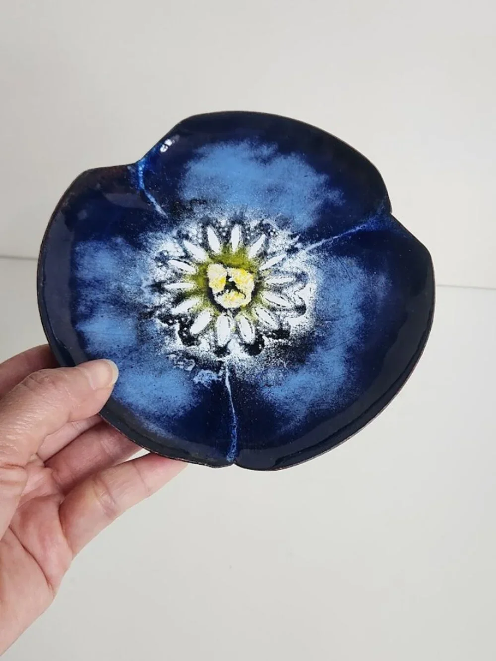 Vintage Enameled Blue Poppy Dish Catch-all Trinket Dish 5.8